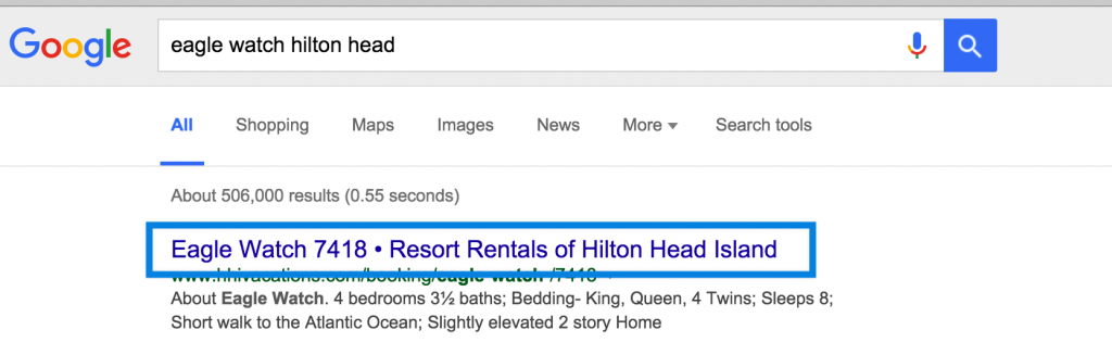 Resort Rentals of HHI uses SEO-optimized title tags.