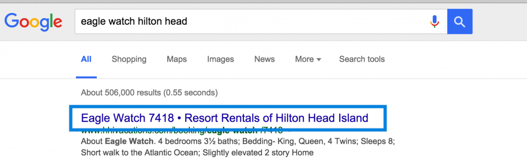 Resort Rentals of HHI uses SEO-optimized title tags. 