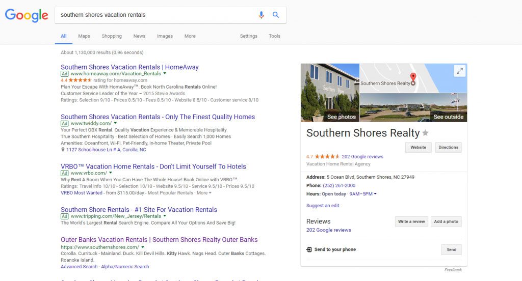 Vacation Rental PPC example in SERPs