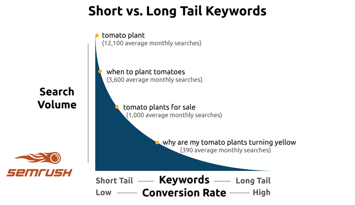 SEO long-tail keywords, search volume, and conversion rates.