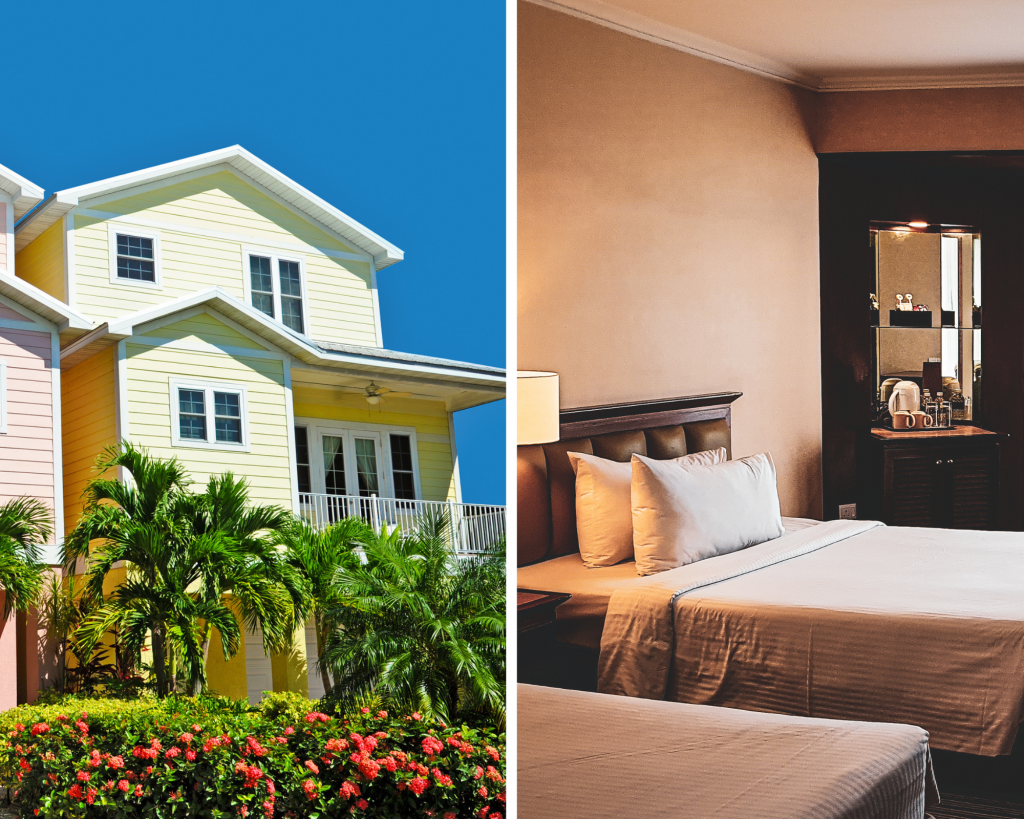 yellow vacation rental home with palm trees, bushes and blue sky on left and hotel bed on right
