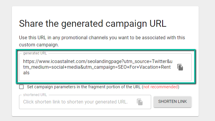 Screenshot of the Google Analytics URL builder page that displays the completed UTM tagged URL. 
