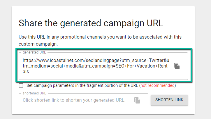 Screenshot of the Google Analytics URL builder page that displays the completed UTM tagged URL.