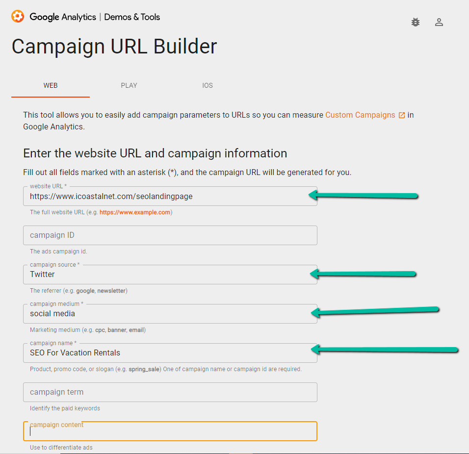 Screenshot of the Google Analytics Campaign URL Builder webpage to build UTM links. Several arrows are present to highlight specific form fields in the screenshot. 