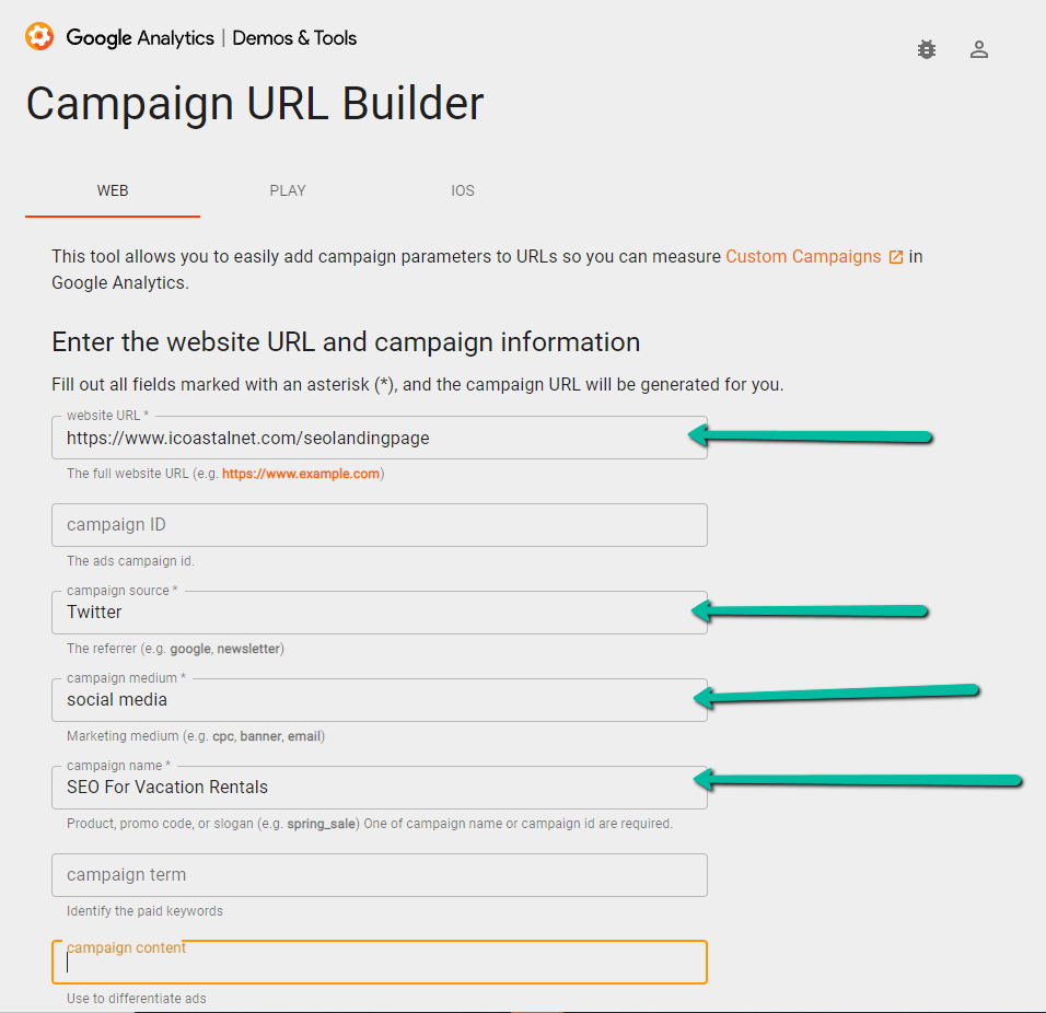 Screenshot of the Google Analytics Campaign URL Builder webpage to build UTM links. Several arrows are present to highlight specific form fields in the screenshot.