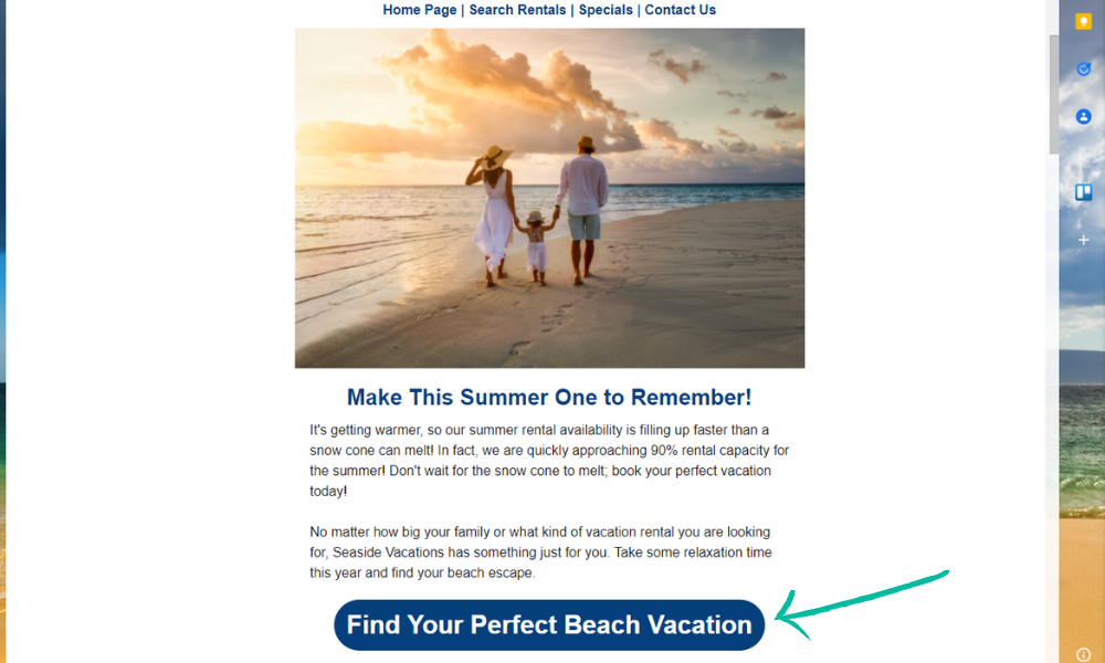 A screenshot of a promotional email opened inside Gmail. There is a green arrow pointing to a button with a UTM link that says Find your perfect beach vacation.