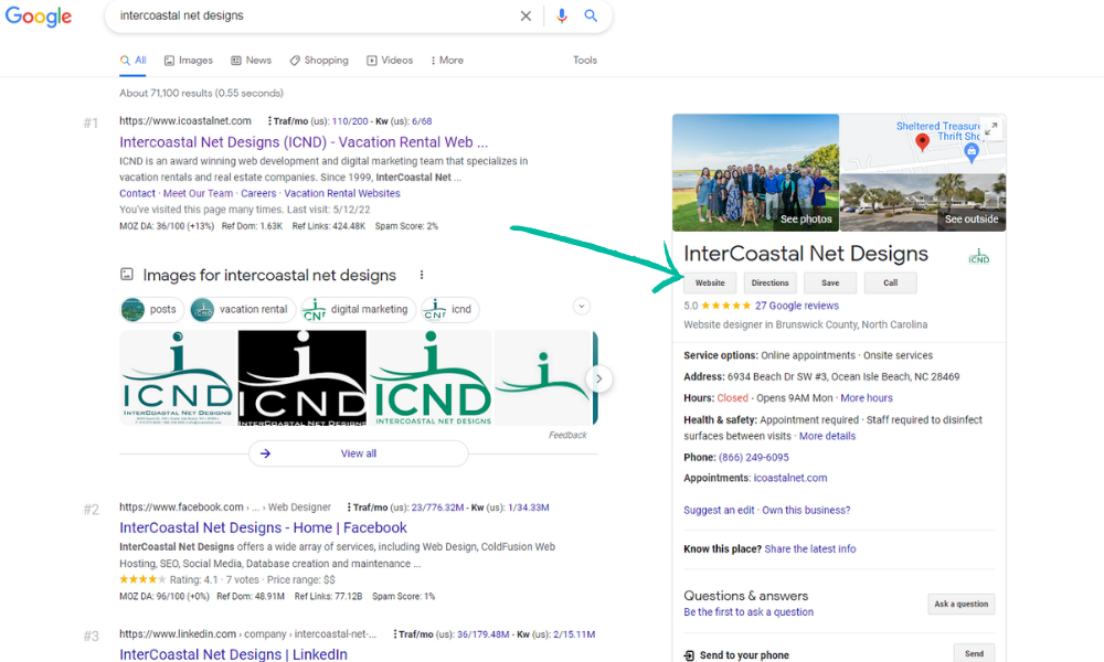 Screenshot of a google search results with an arrow pointing to the "website" button with a UTM link in the right hand knowledge panel. 