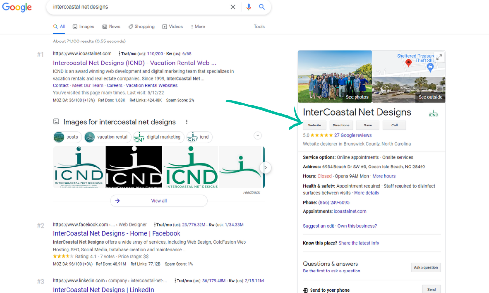 Screenshot of a google search results with an arrow pointing to the "website" button with a UTM link in the right hand knowledge panel.