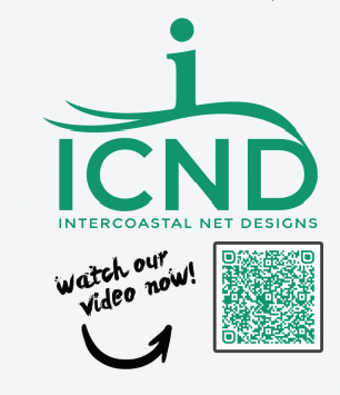 A promotional image with the Intercoastal Net Designs Logo with a QR code below to the right, and watch our video now to the left. There is a looped arrow pointing to the QR code that uses a UTM link.