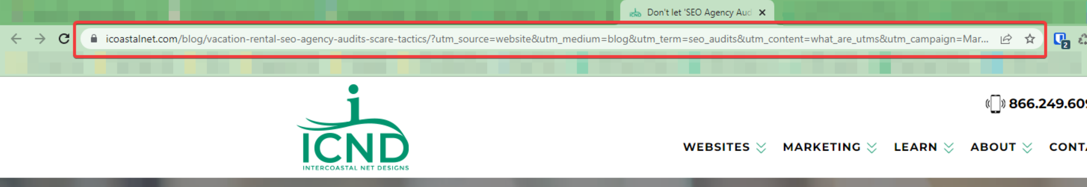 Screenshot of a website URL that has UTM parameters attached to it. 