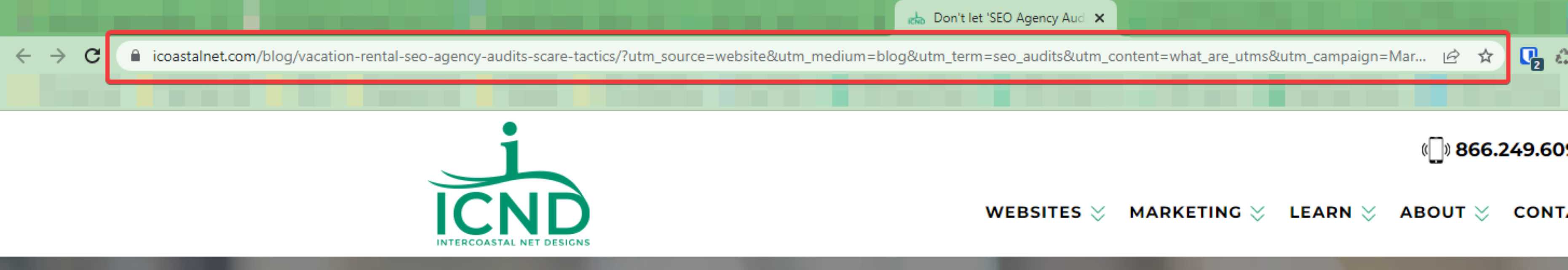 Screenshot of a website URL that has UTM parameters attached to it.