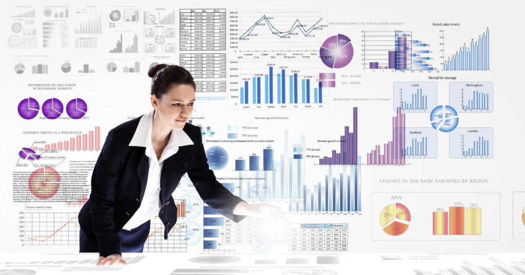 Woman data specialist reviewing analytics on a futuristic dashboard.
