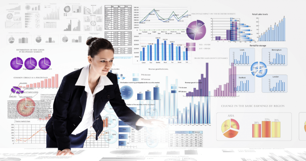 Woman data specialist reviewing analytics on a futuristic dashboard. 