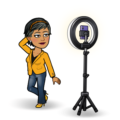 Bitmoji woman standing in front of a Ring light taking a selfie.