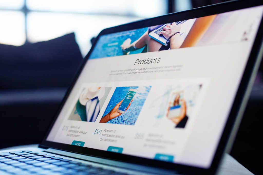 A landing page featuring store products on a laptop.