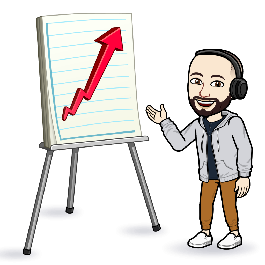Bitmoji character wearing headphones standing next to an easel with a notepad showing a red arrow going up.