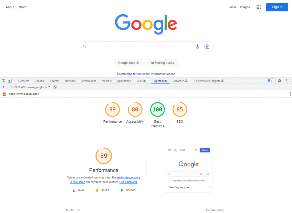 Google lighthouse score for their homepage