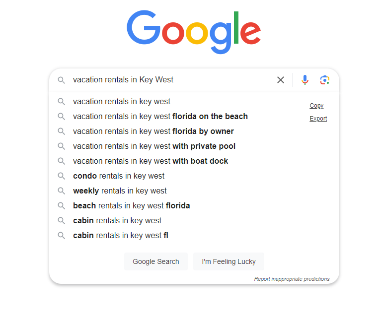 Screenshot of a Google search page with a query for 'vacation rentals in Key West' showing various search suggestions including rentals by location, amenities, and ownership types, such as 'on the beach,' 'with private pool,' and 'by owner.