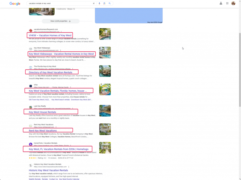 Screenshot of Google search results for 'vacation rentals in Key West' displaying a variety of listings. Featured are several vacation rental websites with descriptions and images of available properties, such as beachfront homes, conch cottages, and luxury island retreats. The results include direct links to Vacation Homes of Key West, Florida Keys Vacation Rentals Directory, and several rental agencies.