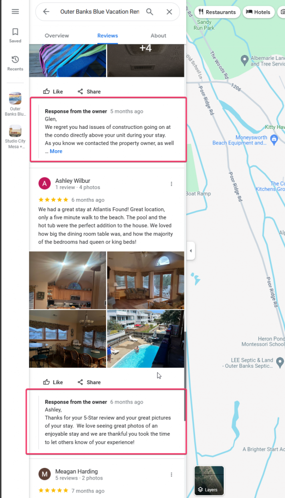 A screenshot of a review section from a vacation rental business named "Outer Banks Blue Vacation Ren" on a web platform. The screenshot highlights two responses from the owner to customer reviews. The first response addresses a complaint about construction noise, and the owner expresses regret for the issue. The second response thanks a customer named Ashley for a 5-star review and comments on the great pictures shared of their stay. Alongside these, there are other customer reviews visible, and some reviews include photos showing interiors of a vacation rental and a pool area. The map on the right side of the screenshot shows a location pin near water bodies and parks, indicating the vicinity of the vacation rental to these areas.
