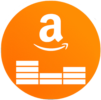 An orange gradient circle with an Amazon letter A, the Amazon swoop under the A with audio bars.